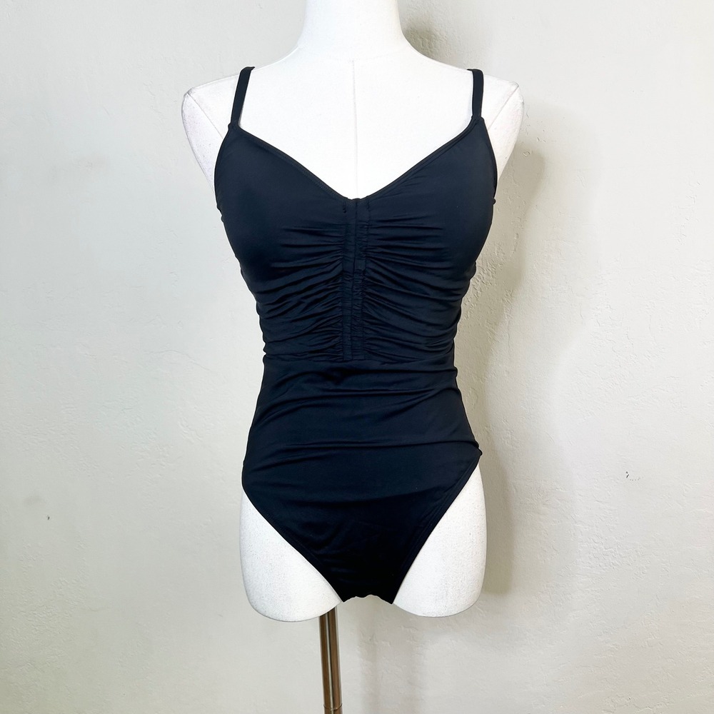 La Blanca Island Goddess Black Ruched One Piece Swimsuit V-Neck Tummy Control 8